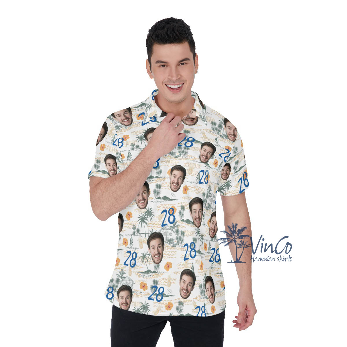 Funny Birthday Gift Custom Face Tropical Palm Tree Hawaiian Polo Shirt For Men - variant image 1