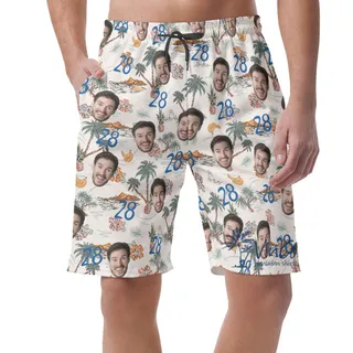 Funny Custom Face And Age Birthday Tropical Island Hawaiian Beach Shorts