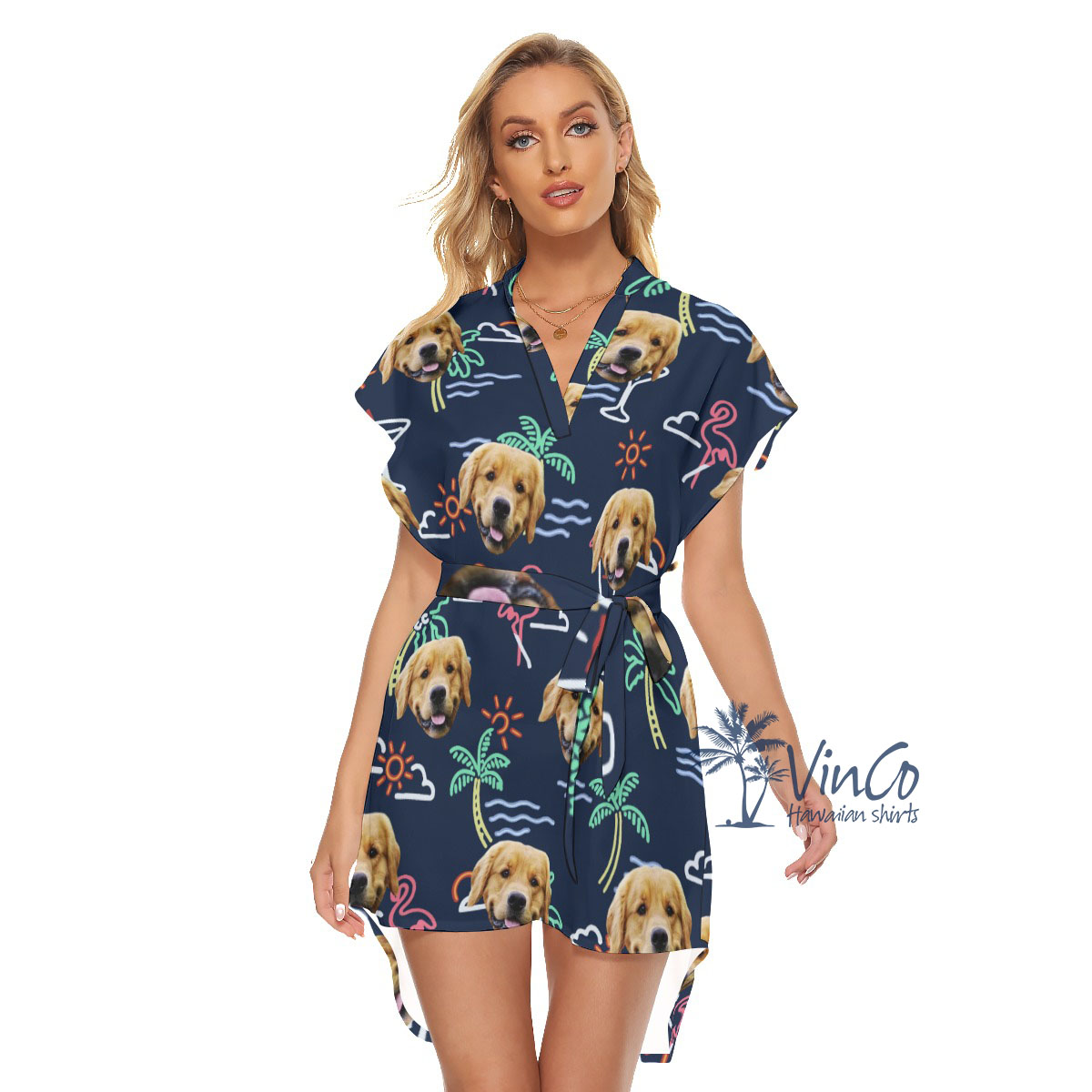 Navy Flamingo Personalized Women's Dress With Dog Face - variant image 1