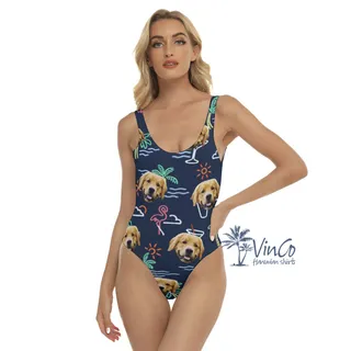 Navy Flamingo Personalized Women's Swimsuit With Dog Face