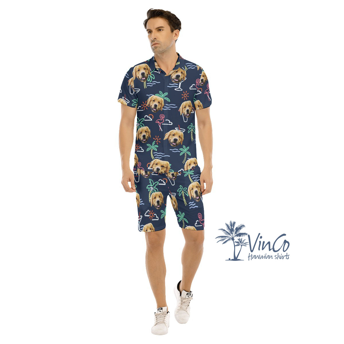 Navy Flamingo Custom Beach Shirt And Shorts With Dog Face - variant image 1