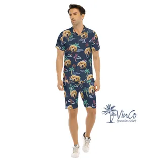Navy Flamingo Custom Beach Shirt And Shorts With Dog Face