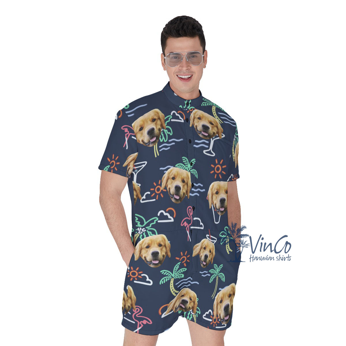 Navy Flamingo Custom Hawaiian Shirt With Dog Face - variant image 1