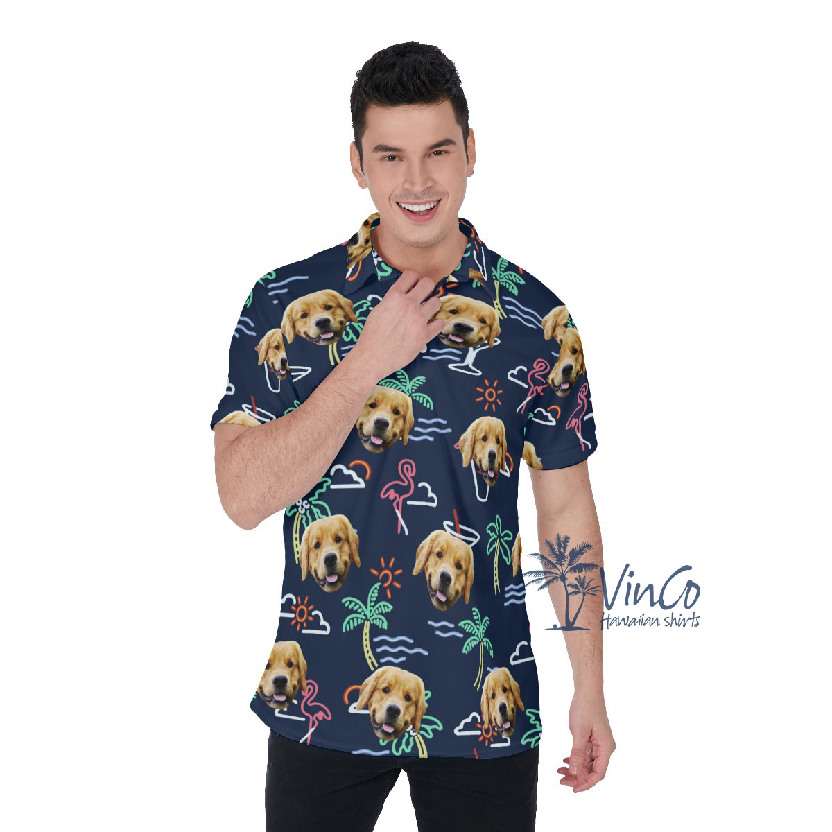 Navy Custom Hawaiian Men's Polo Shirt With Dog Face - variant image 1