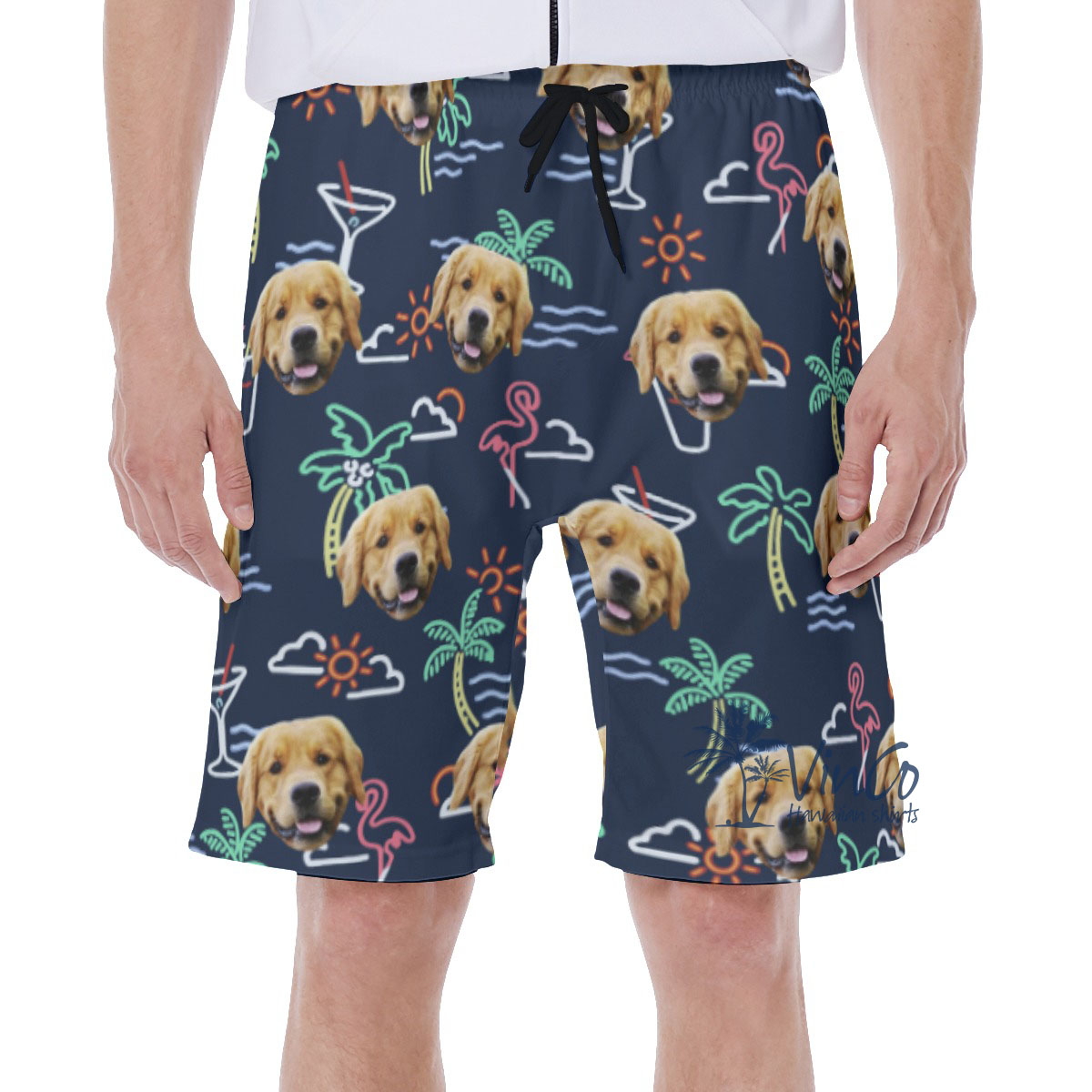 Navy Custom Hawaiian Swim Trunks With Multiple Dog Faces - variant image 1