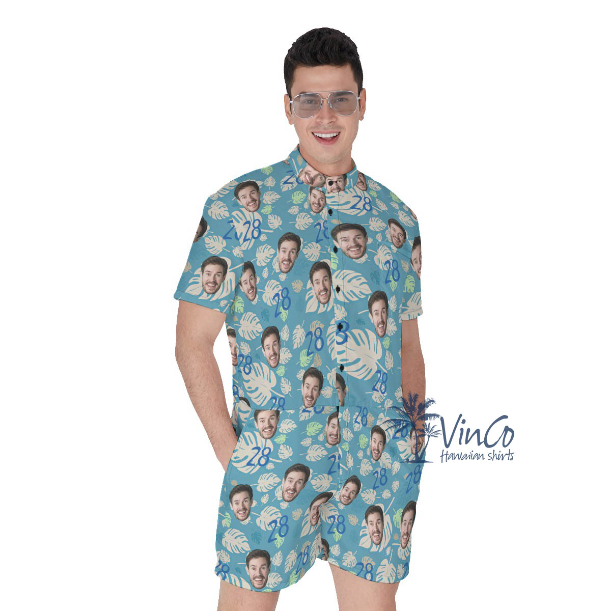 Funny Custom Face Birthday Blue Hawaiian Romper For Men - variant image 1