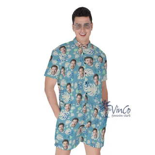 Funny Custom Face Birthday Blue Hawaiian Romper For Men
