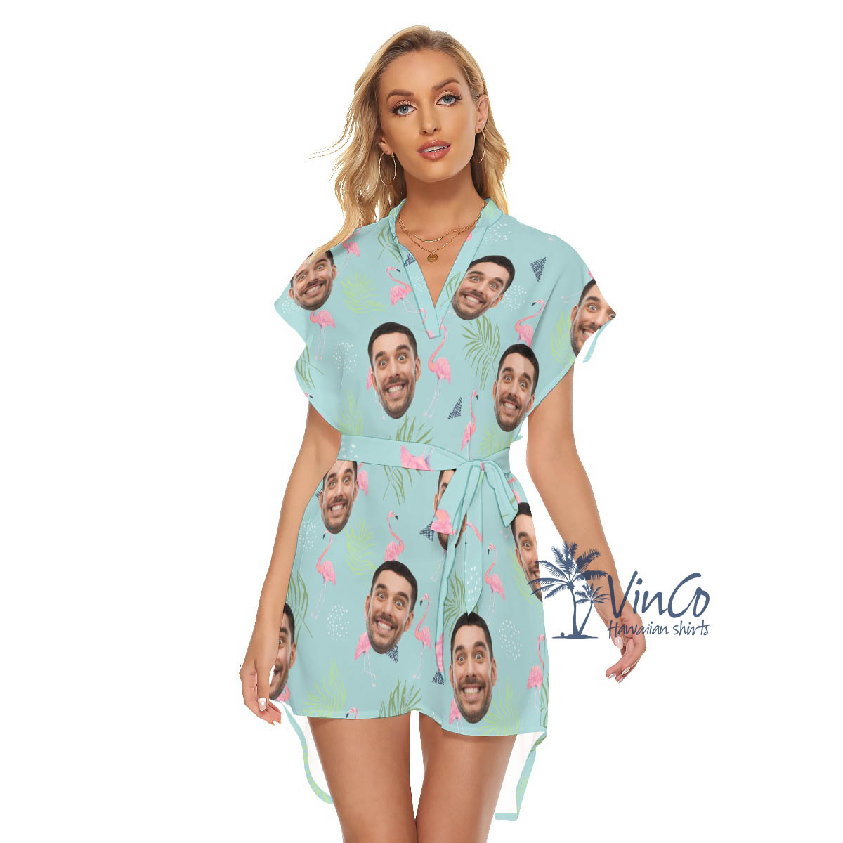 Custom Face Flamingo Aloha Dress With Belt For Women - variant image 1