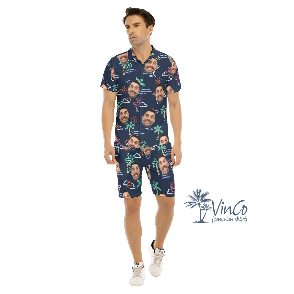 Beach Flamingo Custom Hawaiian Shirt And Short Sets With Face - variant image 1