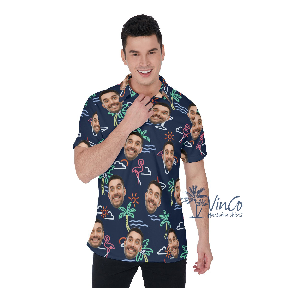 Beach Flamingo Personalized Hawaiian Polo Shirt With Face - variant image 1