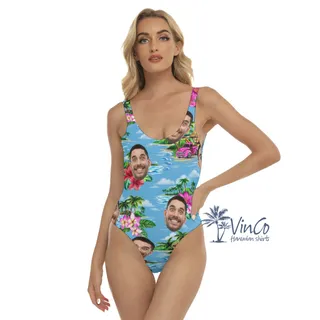 Vintage Beach Blue Custom One Piece Swimsuit With Face