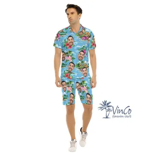 Vintage Beach Blue Custom Hawaiian Sets With Photo