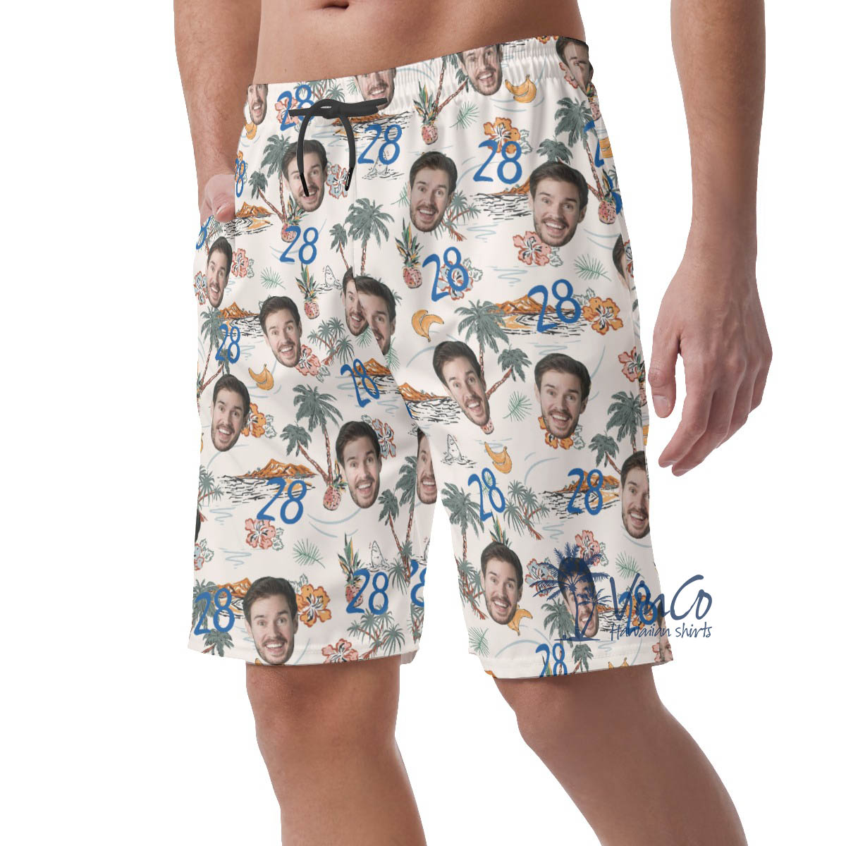 Funny Custom Face And Age Birthday Tropical Island Hawaiian Beach Shorts