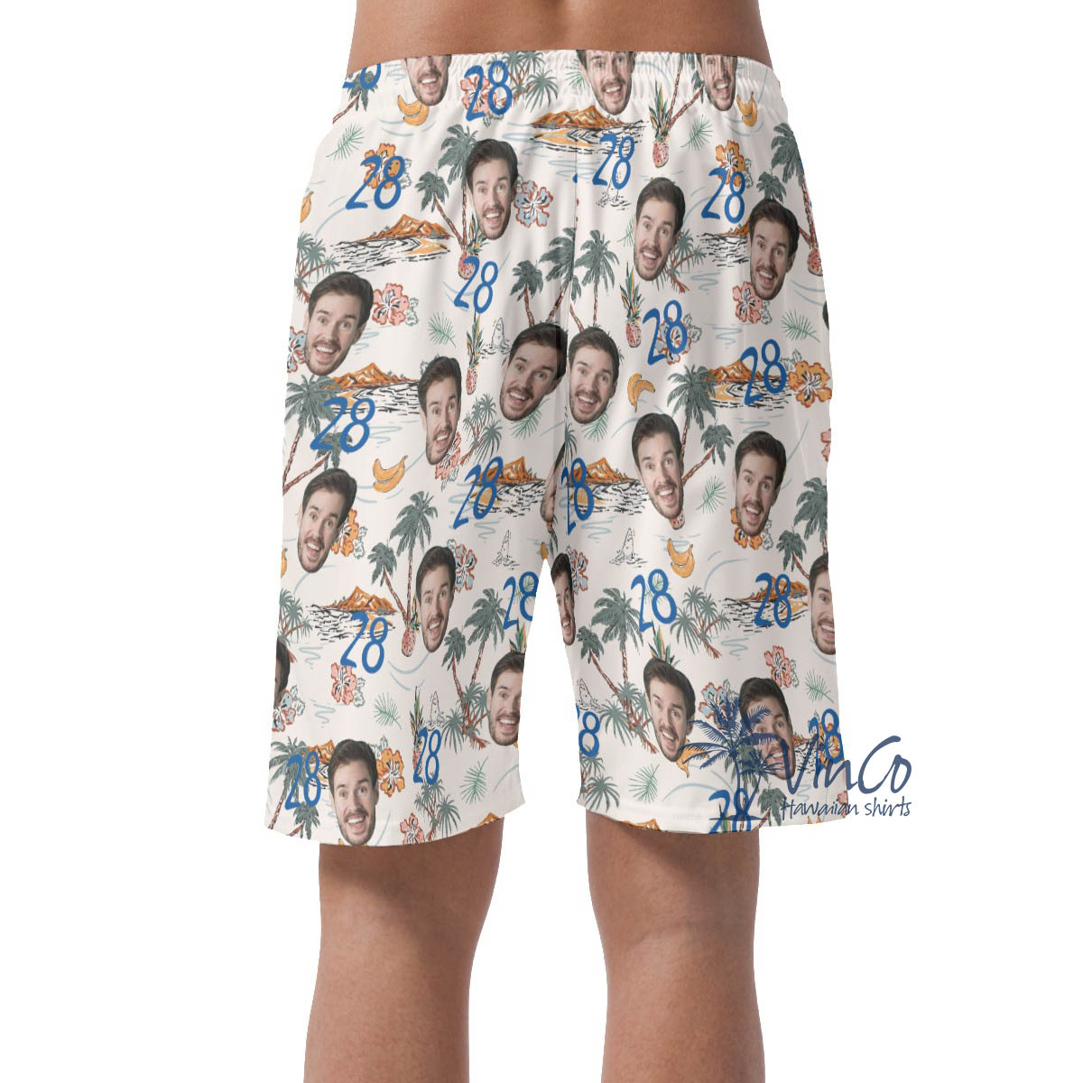 Funny Custom Face And Age Birthday Tropical Island Hawaiian Beach Shorts