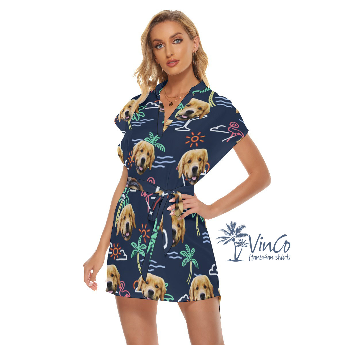Navy Flamingo Personalized Women's Dress With Dog Face