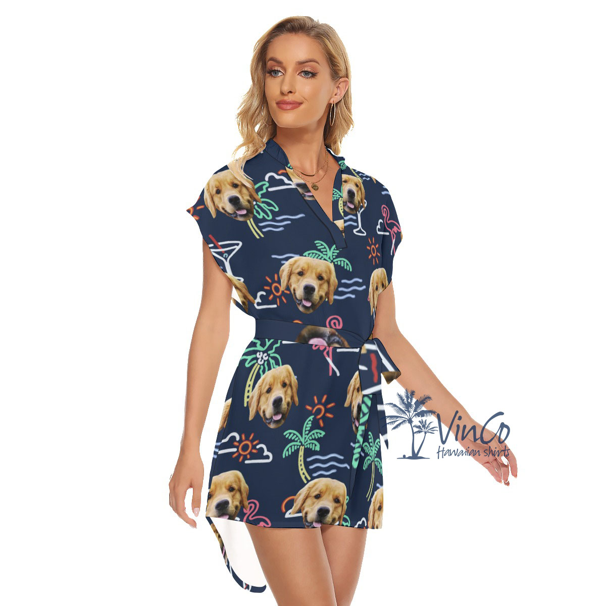 Navy Flamingo Personalized Women's Dress With Dog Face