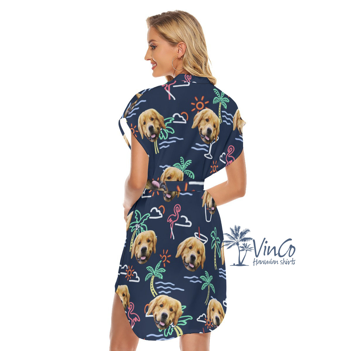 Navy Flamingo Personalized Women's Dress With Dog Face