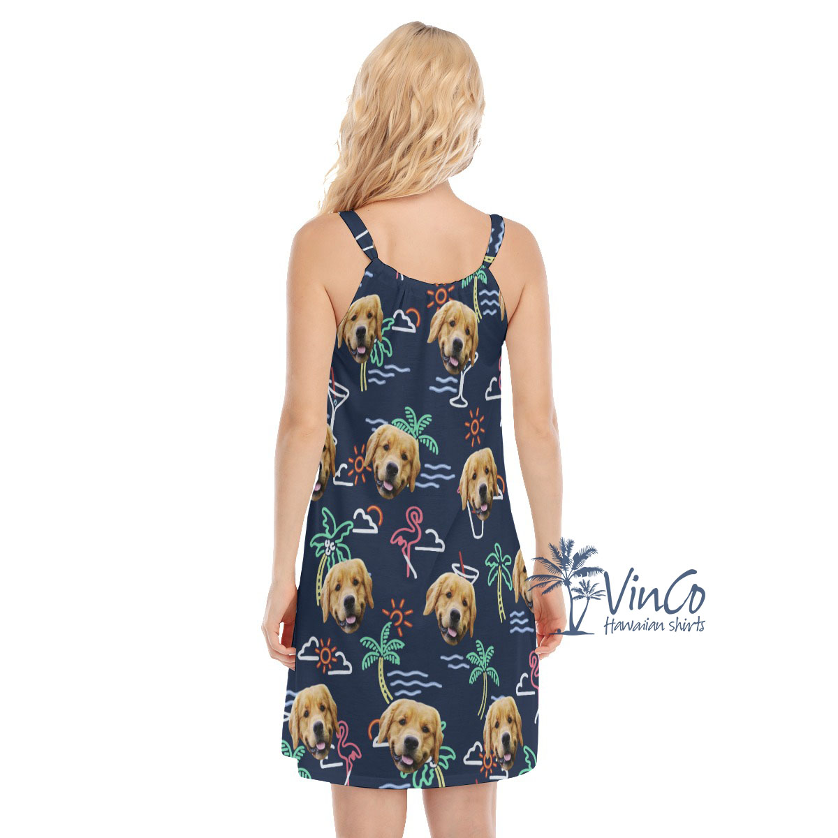 Navy Flamingo Custom Women's Dress With Dog Face