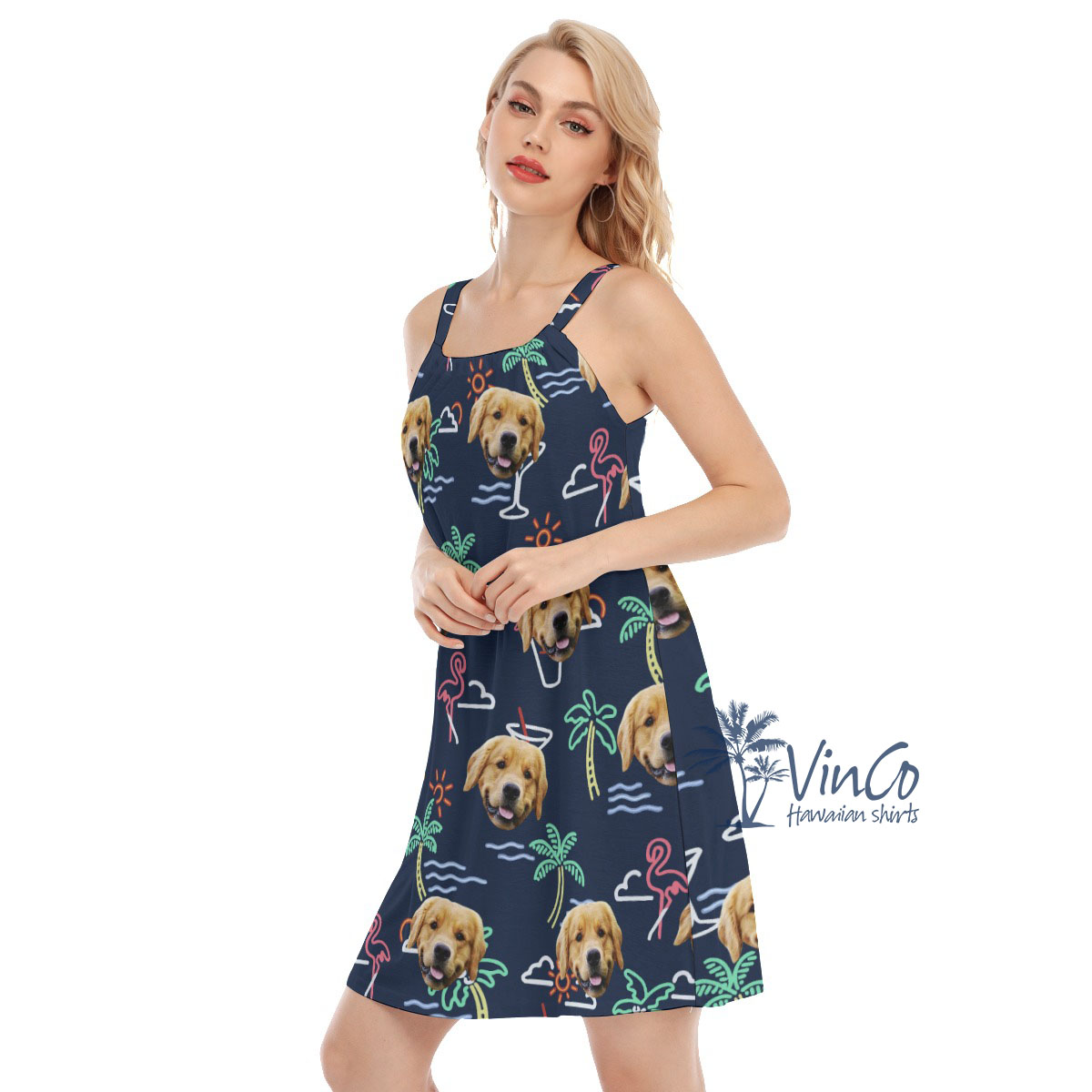 Navy Flamingo Custom Women's Dress With Dog Face