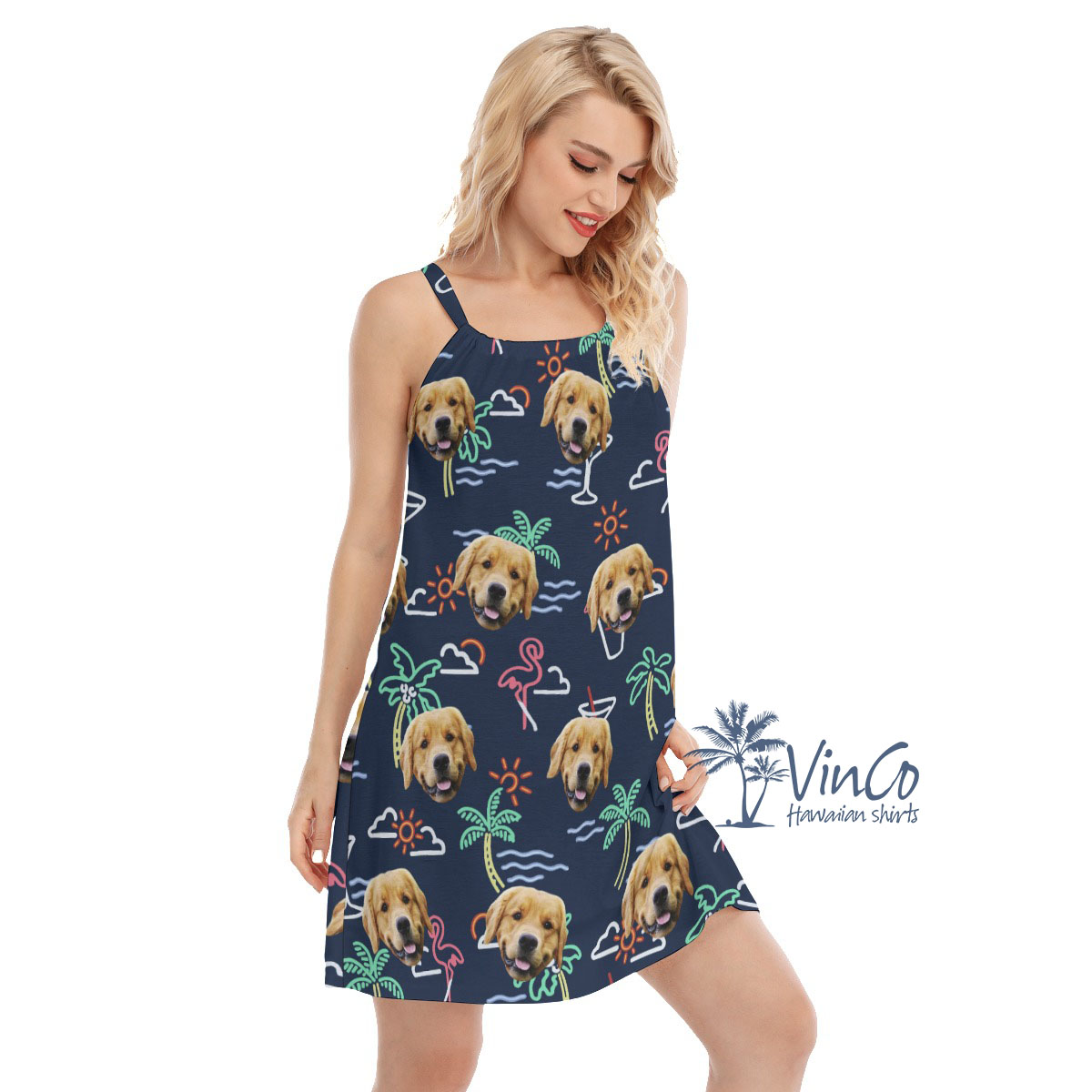Navy Flamingo Custom Women's Dress With Dog Face