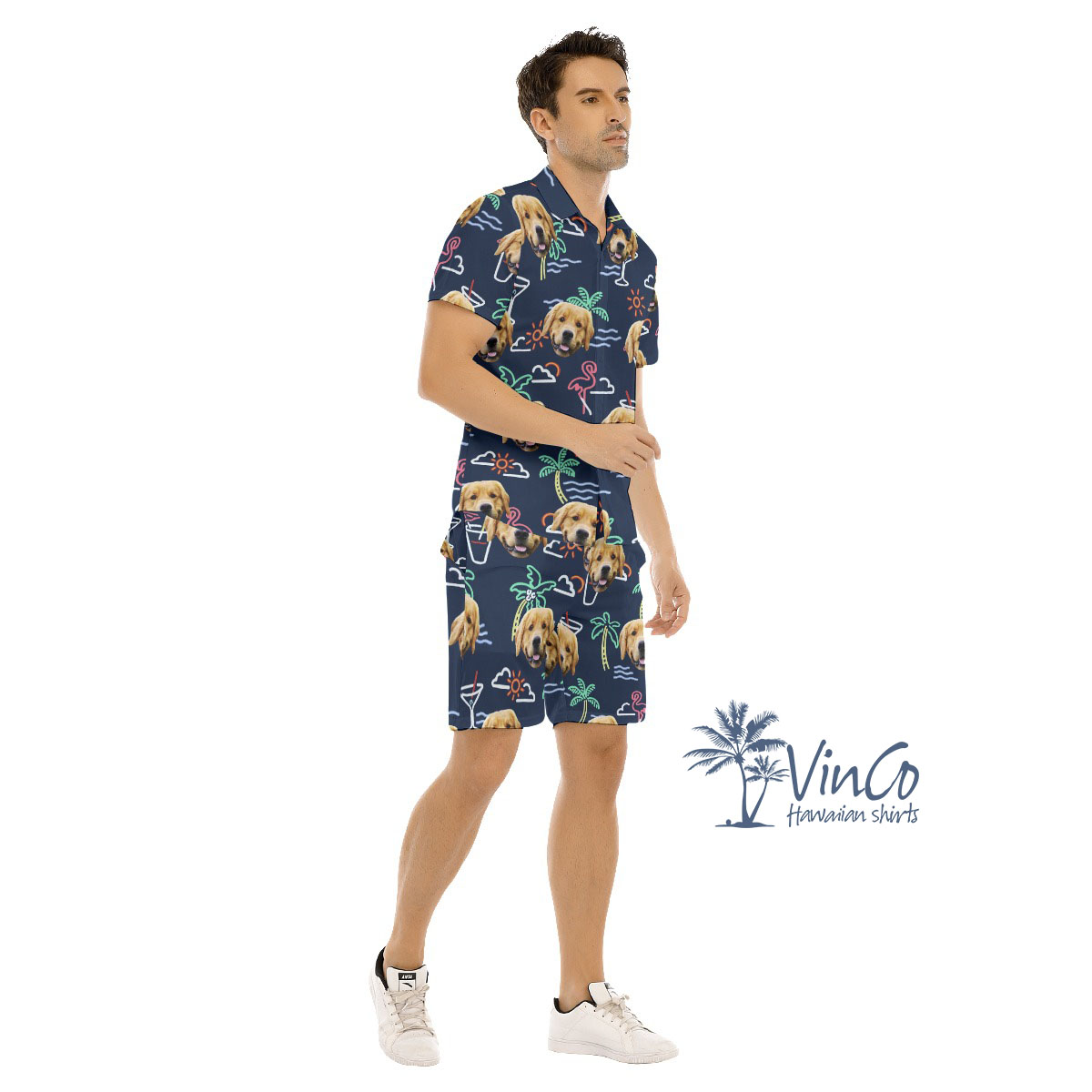 Navy Flamingo Custom Beach Shirt And Shorts With Dog Face