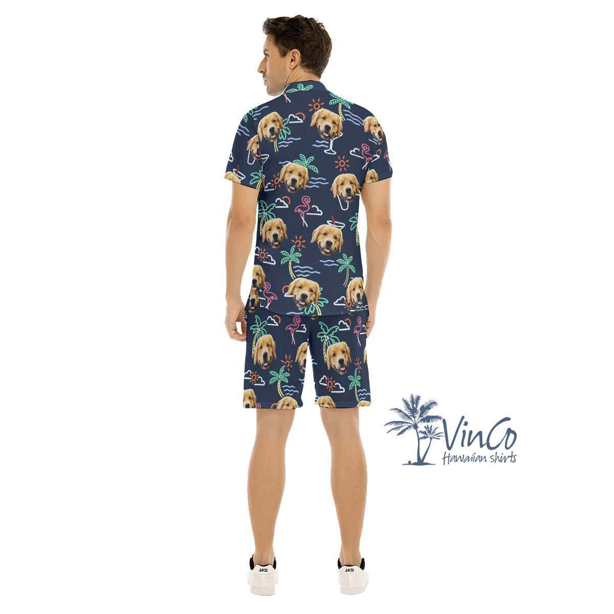 Navy Flamingo Custom Beach Shirt And Shorts With Dog Face