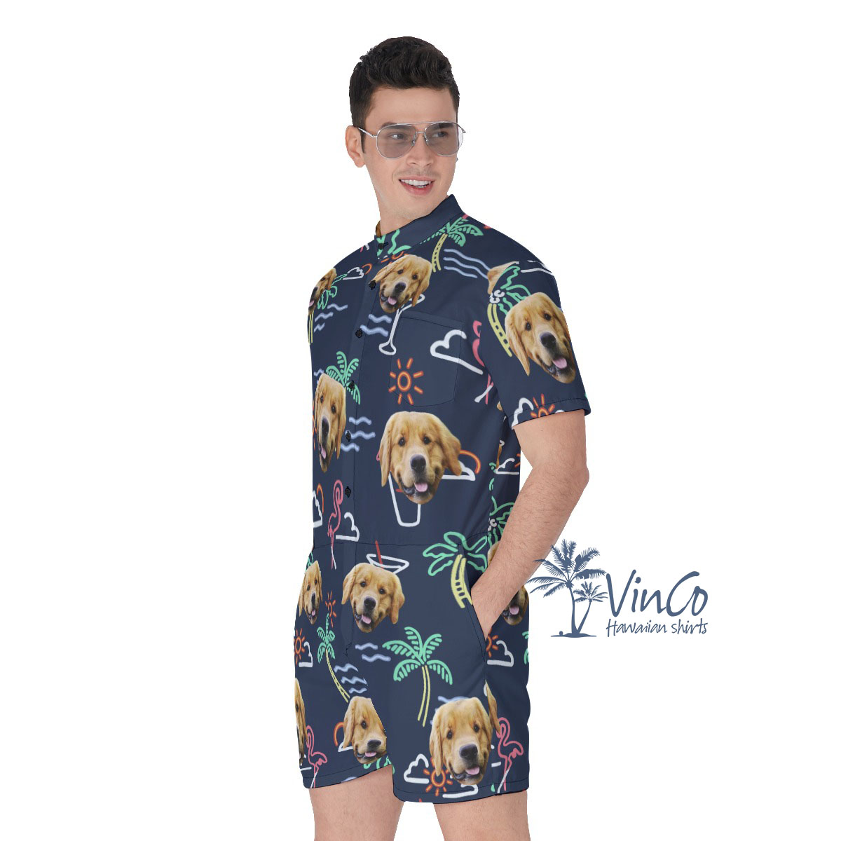 Navy Flamingo Custom Hawaiian Shirt With Dog Face