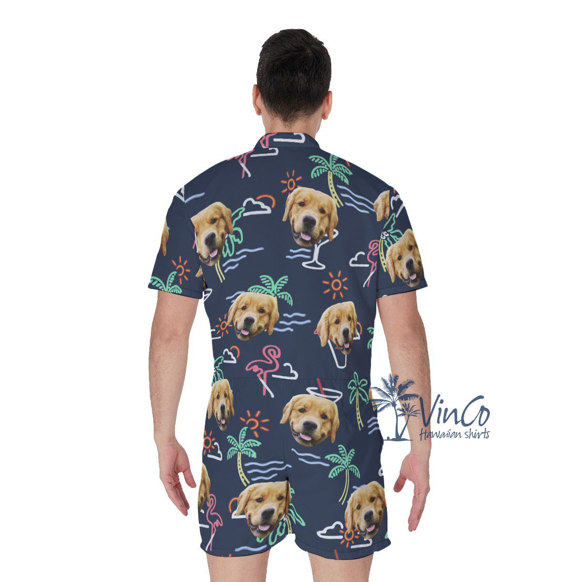 Navy Flamingo Custom Hawaiian Shirt With Dog Face