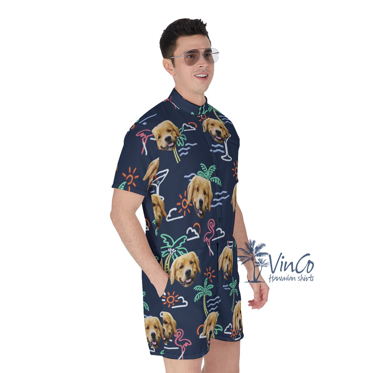 Navy Flamingo Custom Hawaiian Shirt With Dog Face