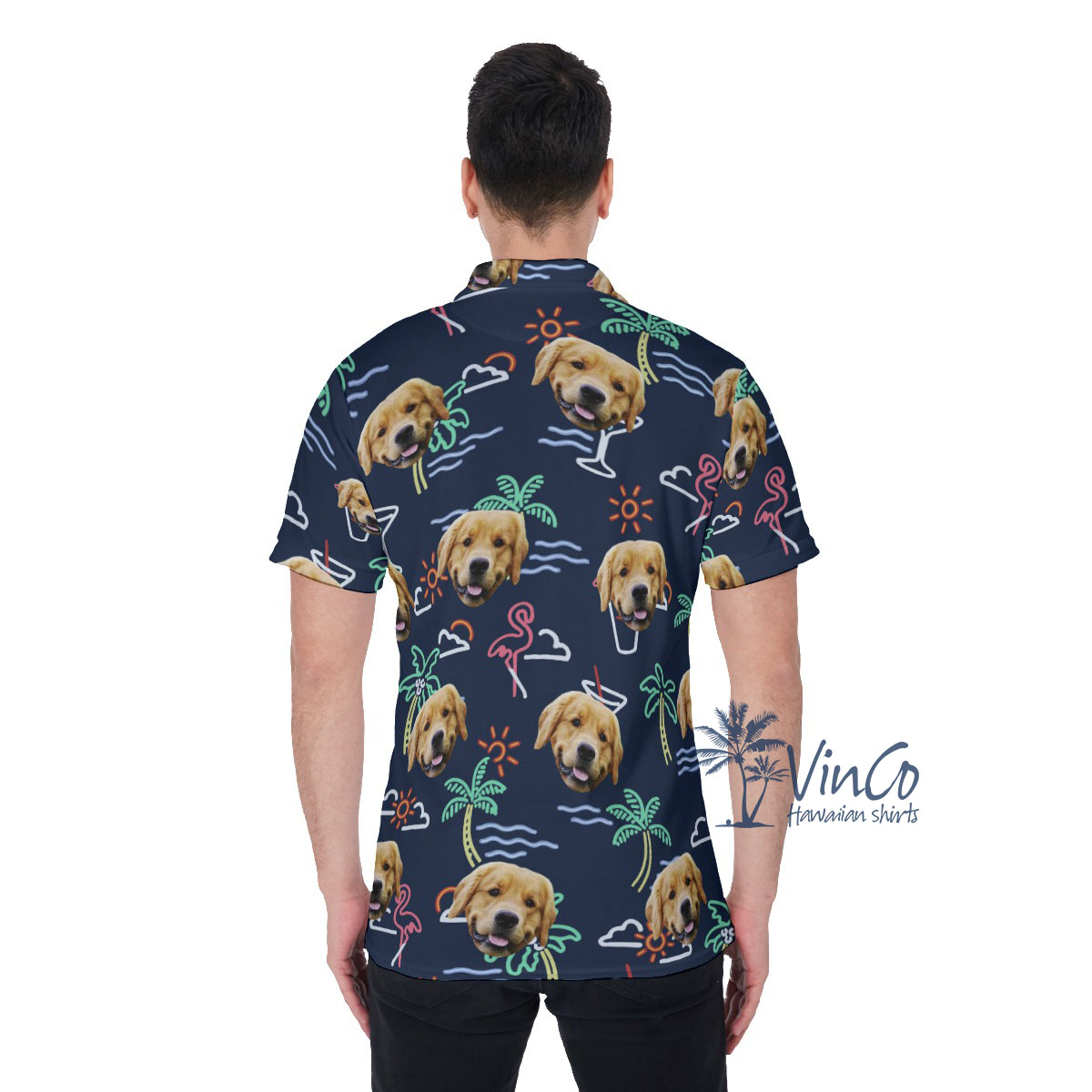 Navy Custom Hawaiian Men's Polo Shirt With Dog Face