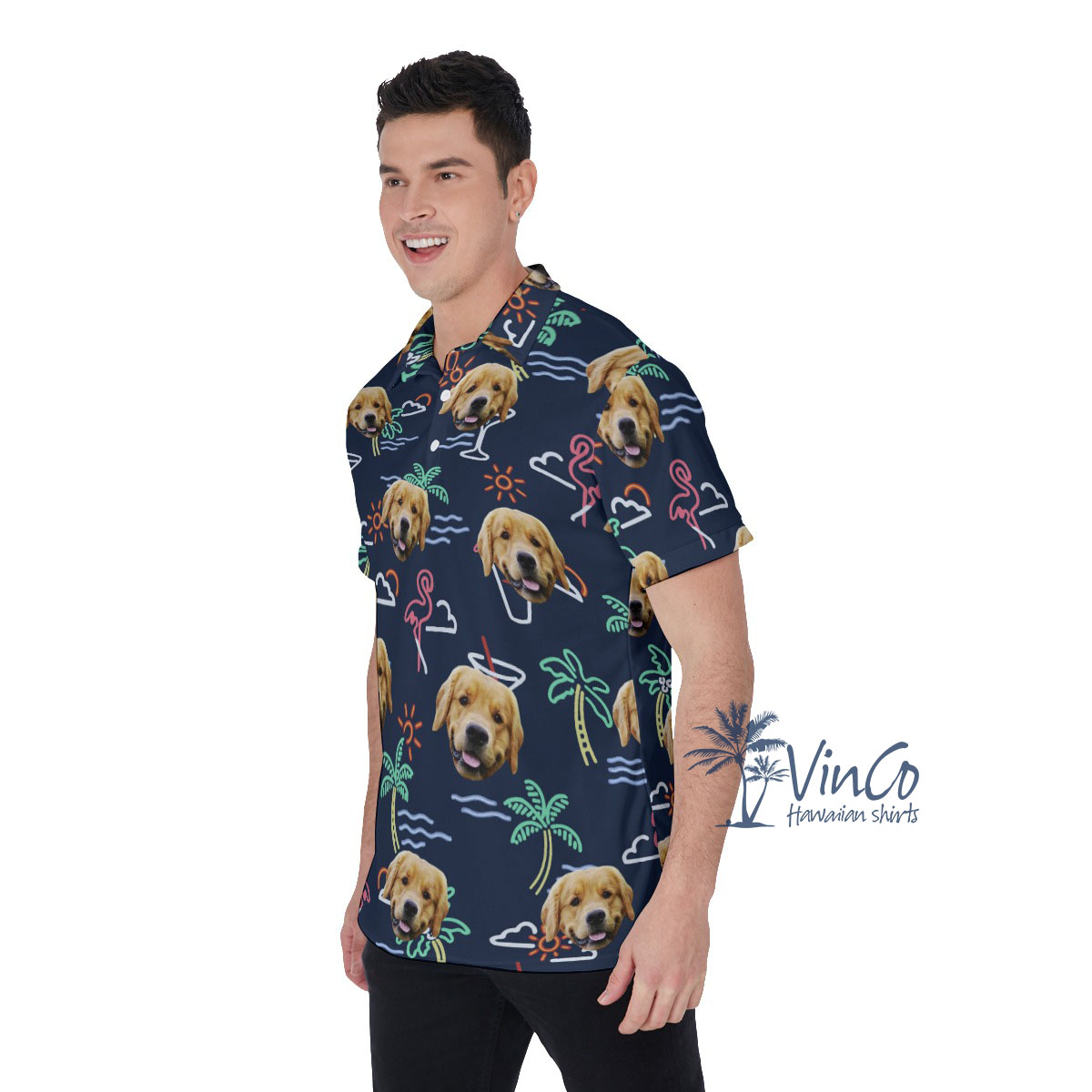 Navy Custom Hawaiian Men's Polo Shirt With Dog Face
