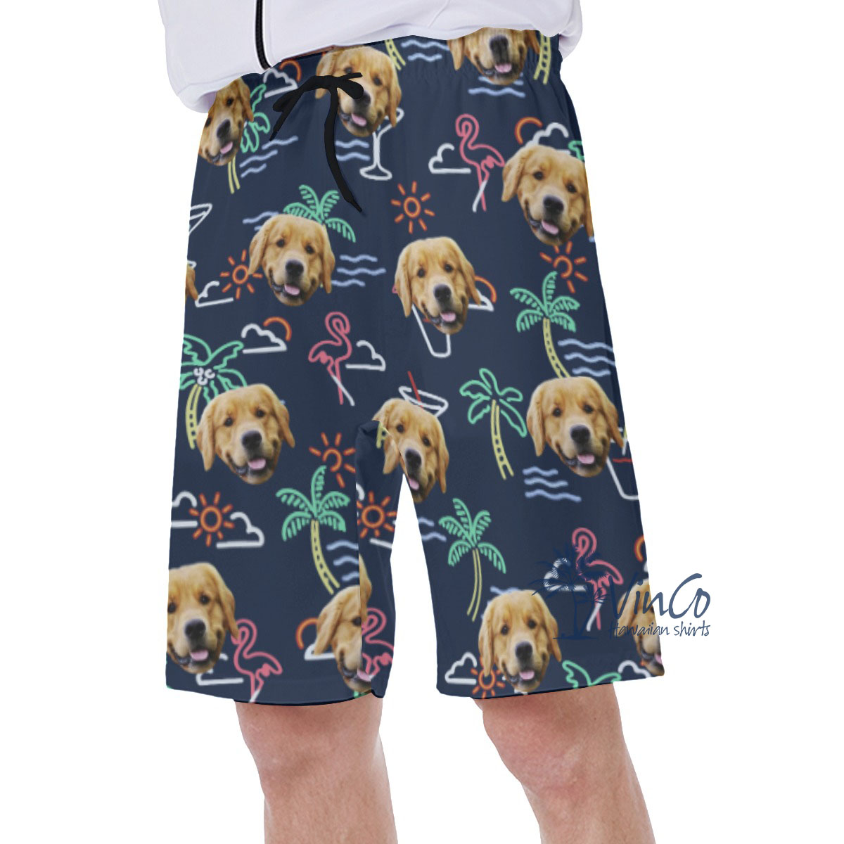 Navy Custom Hawaiian Swim Trunks With Multiple Dog Faces
