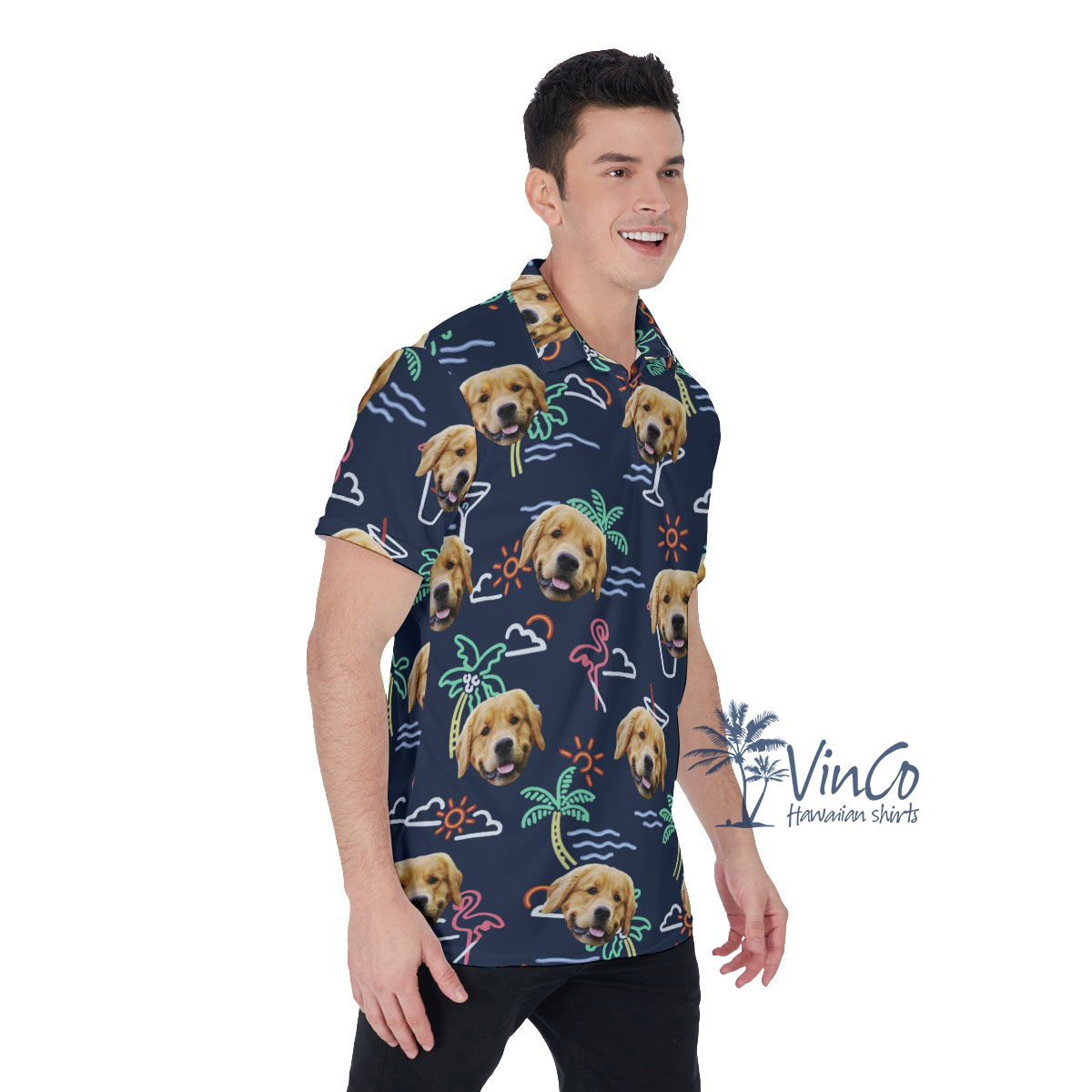 Navy Custom Hawaiian Men's Polo Shirt With Dog Face