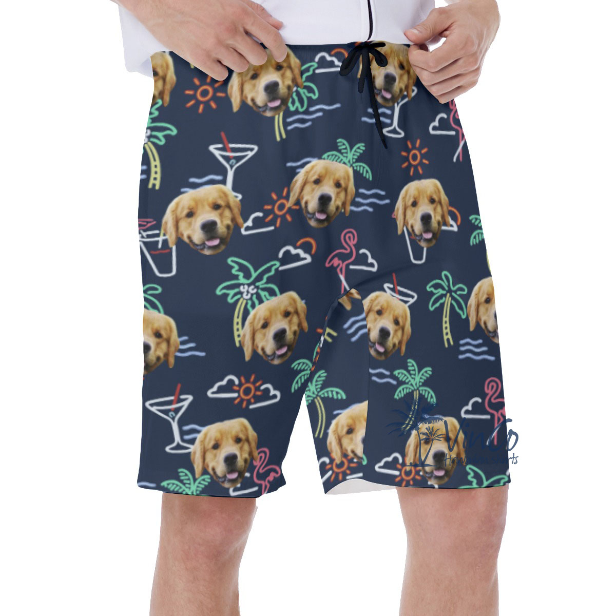 Navy Custom Hawaiian Swim Trunks With Multiple Dog Faces