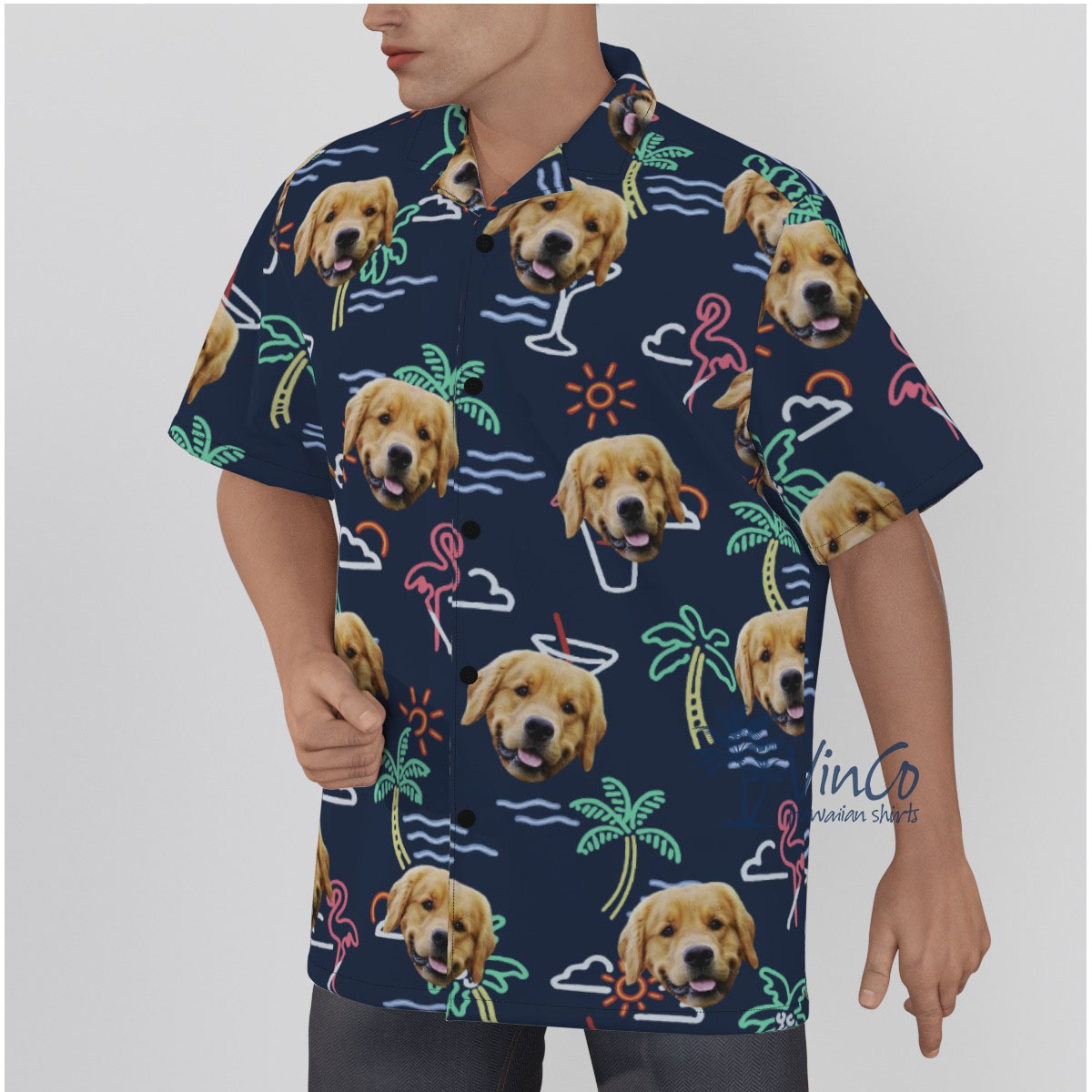 Navy Custom Hawaiian Shirt With Dog Face
