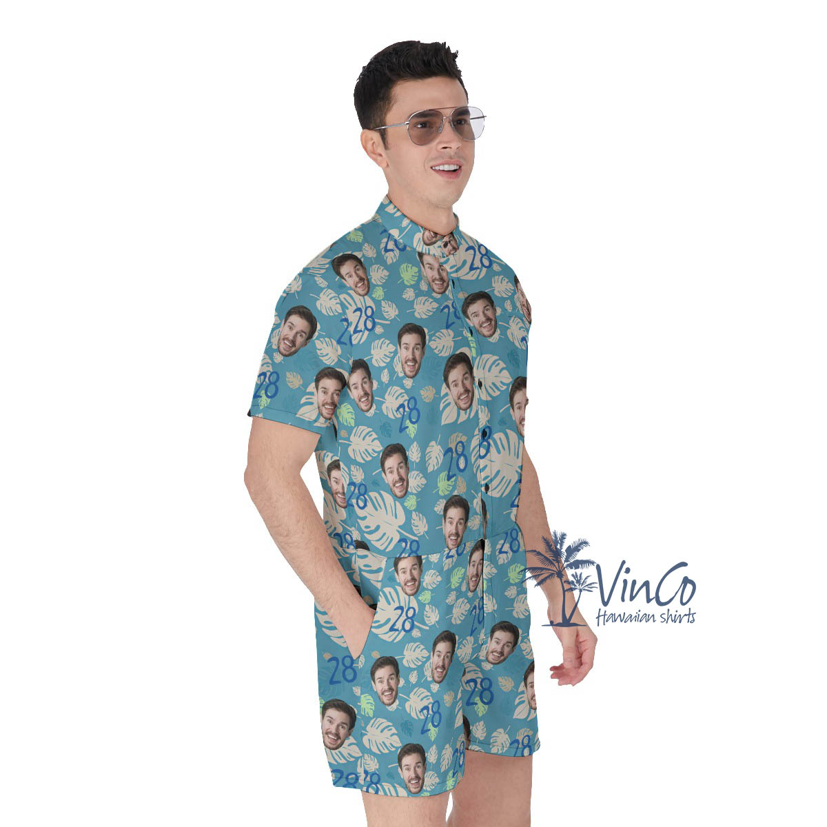 Funny Custom Face Birthday Blue Hawaiian Romper For Men