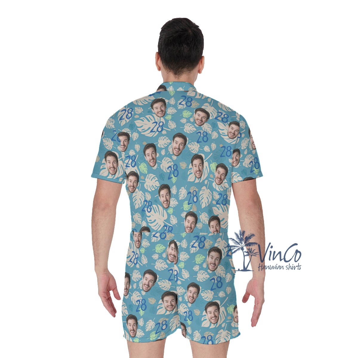 Funny Custom Face Birthday Blue Hawaiian Romper For Men