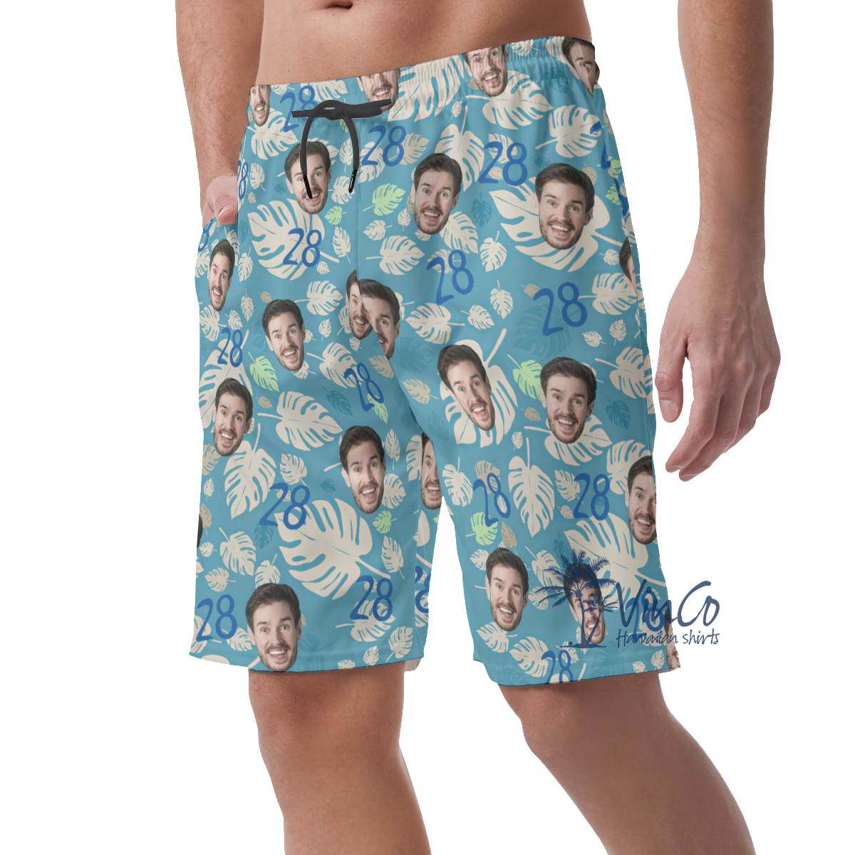Custom Face And Age Birthday Blue Hawaiian Summer Shorts For Men