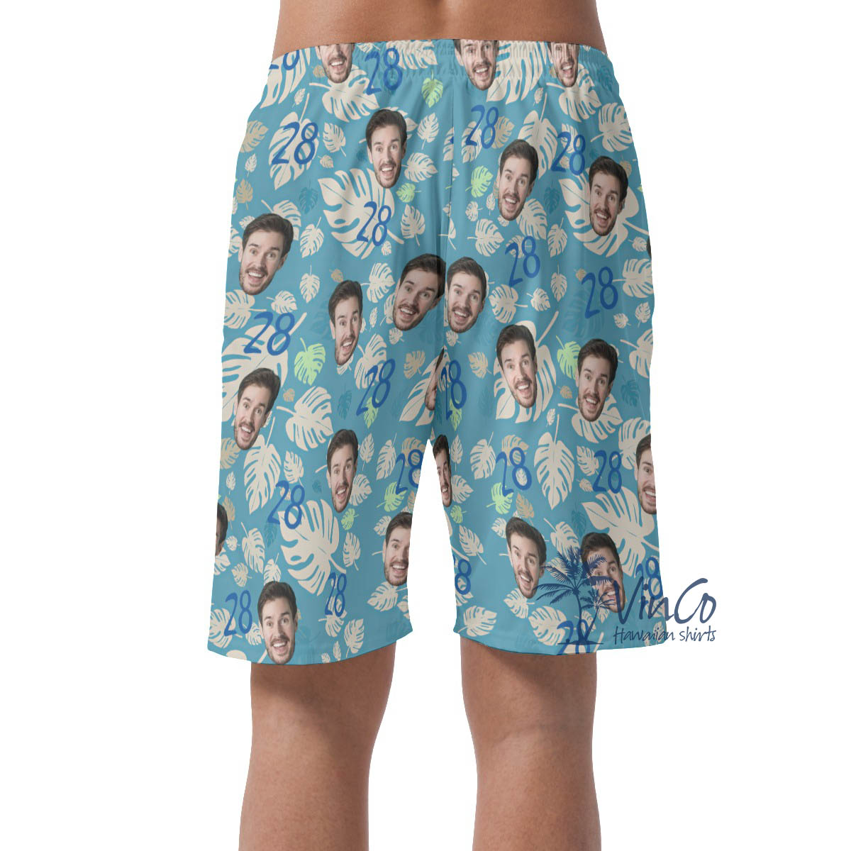 Custom Face And Age Birthday Blue Hawaiian Summer Shorts For Men