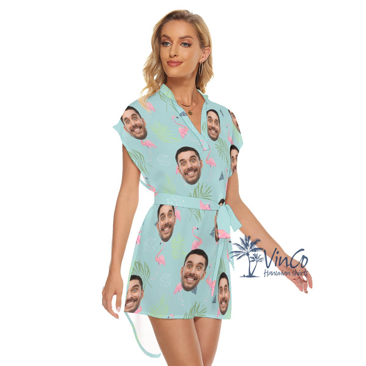 Custom Face Flamingo Aloha Dress With Belt For Women