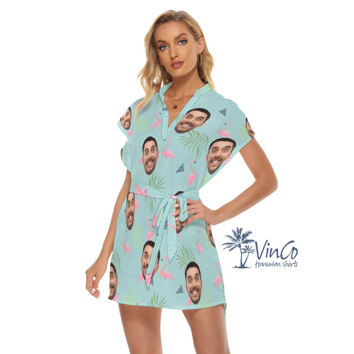 Custom Face Flamingo Aloha Dress With Belt For Women