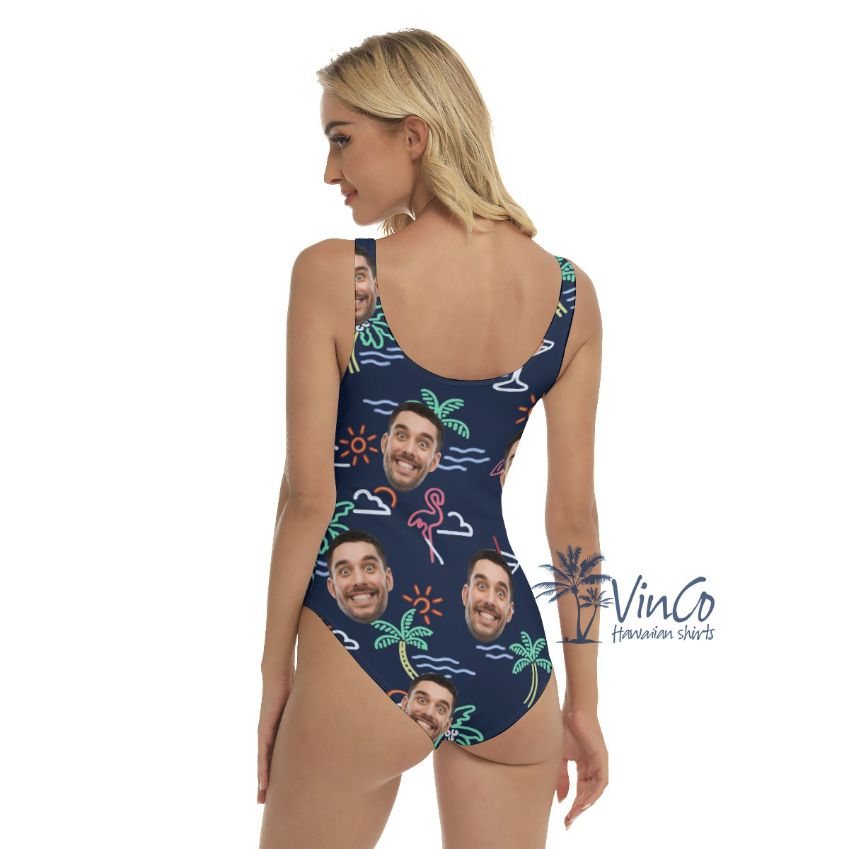 Beach Flamingo Custom Face Women's Swimsuit With Preview