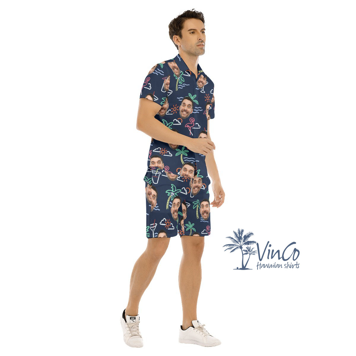 Beach Flamingo Custom Hawaiian Shirt And Short Sets With Face