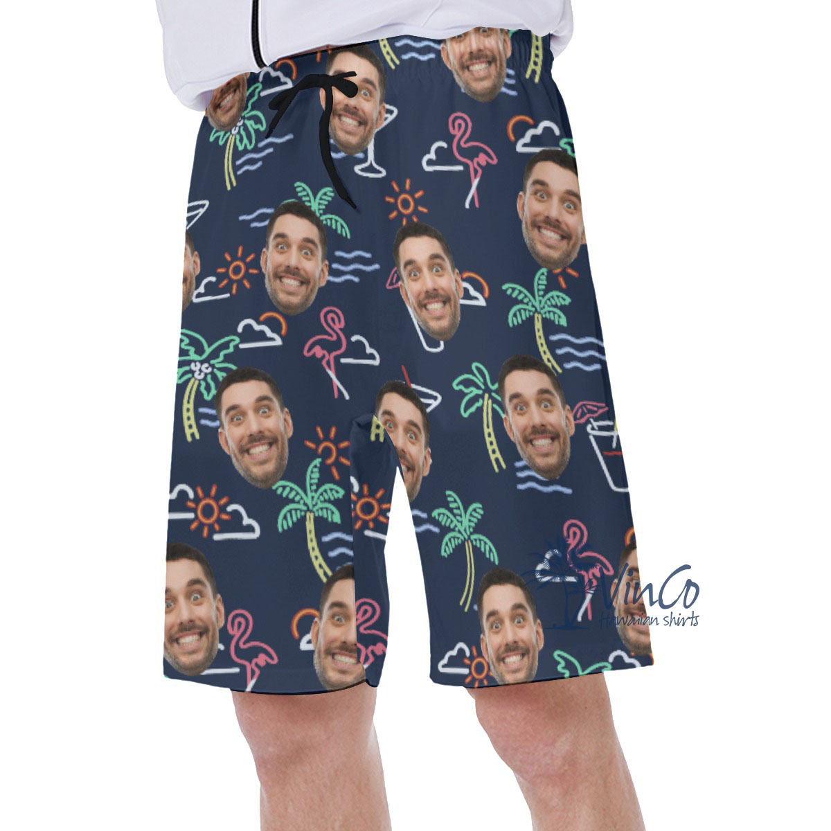 Beach Flamingo Navy Custom Face Hawaiian Shorts For Men