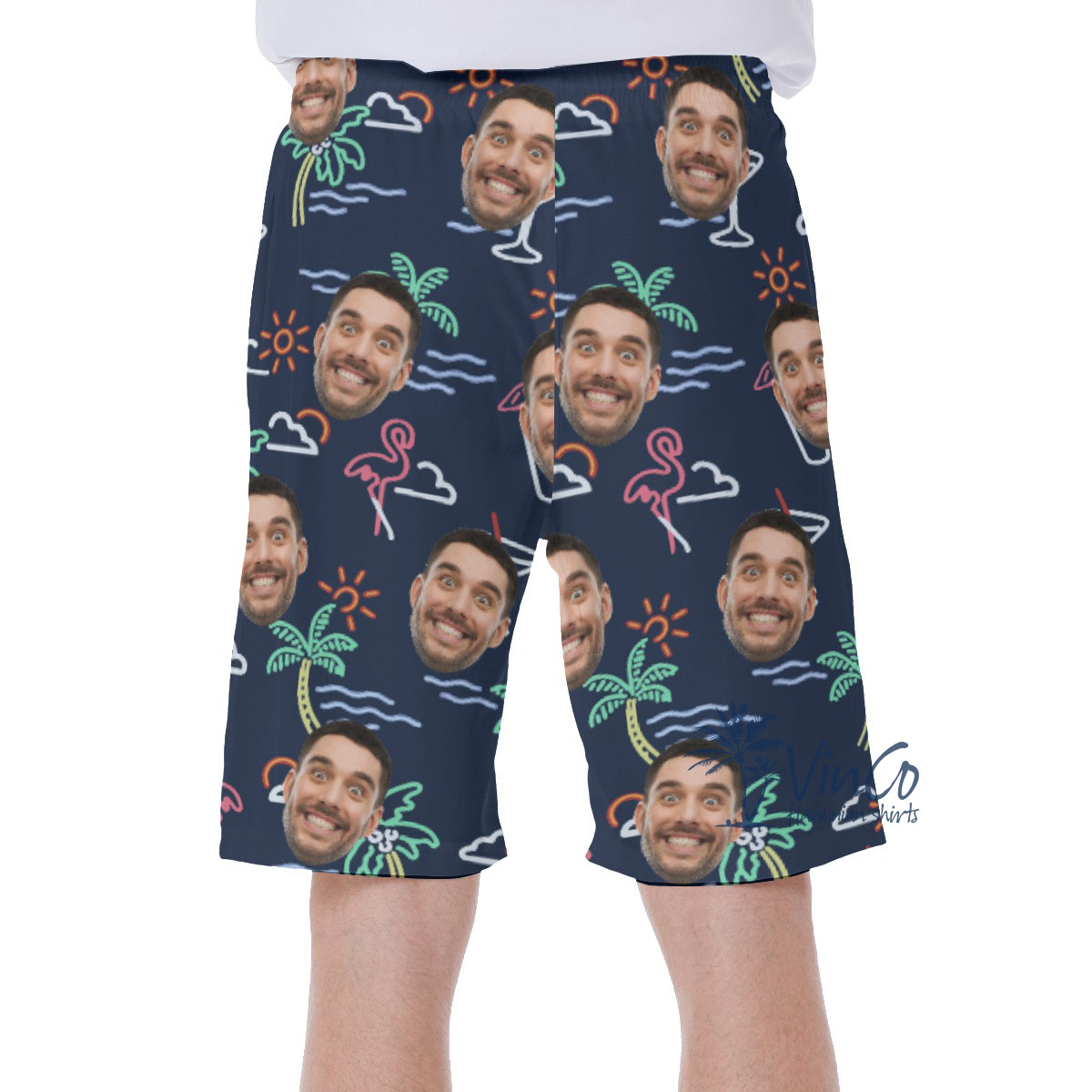 Beach Flamingo Navy Custom Face Hawaiian Shorts For Men