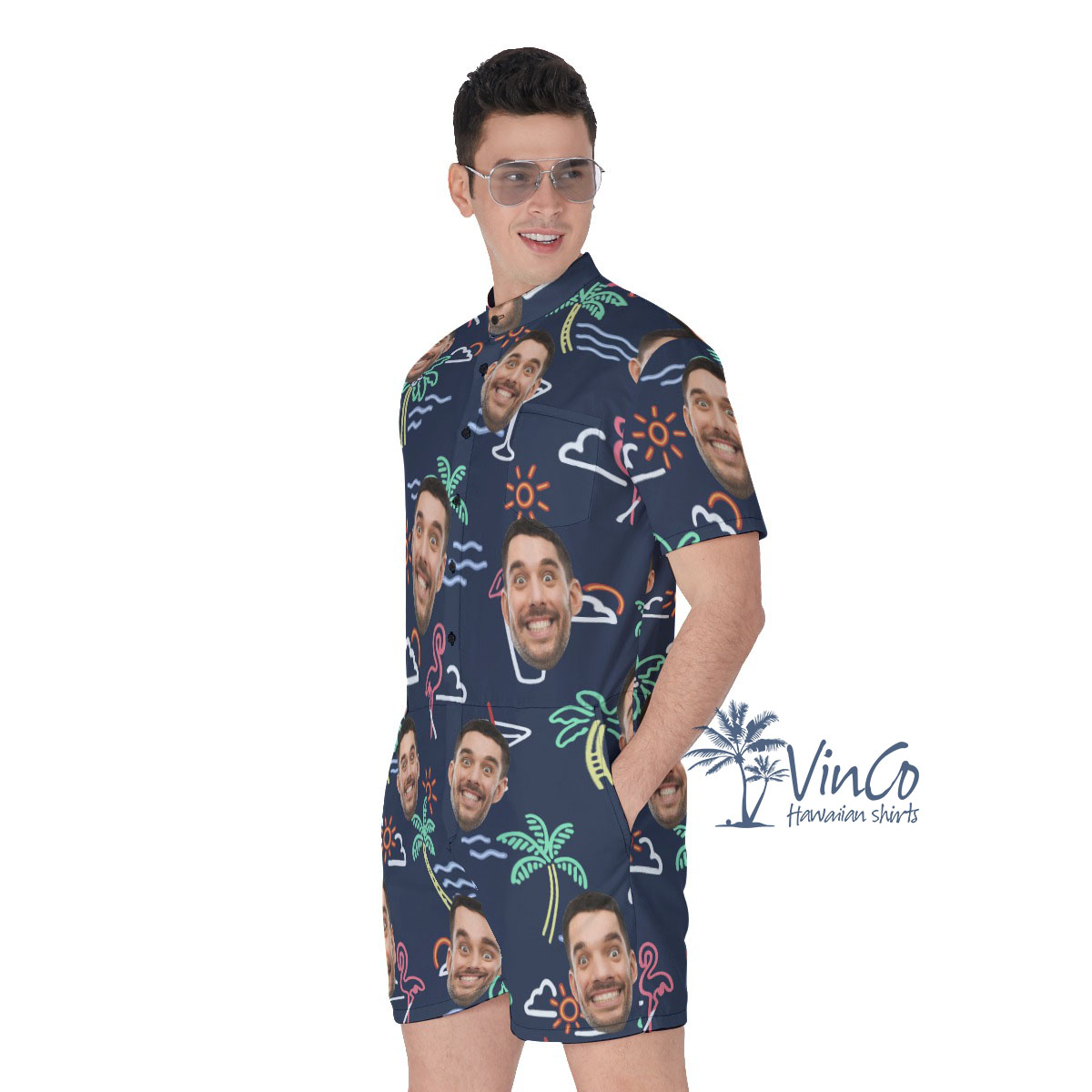 Beach Flamingo Custom Hawaiian Romper With Face