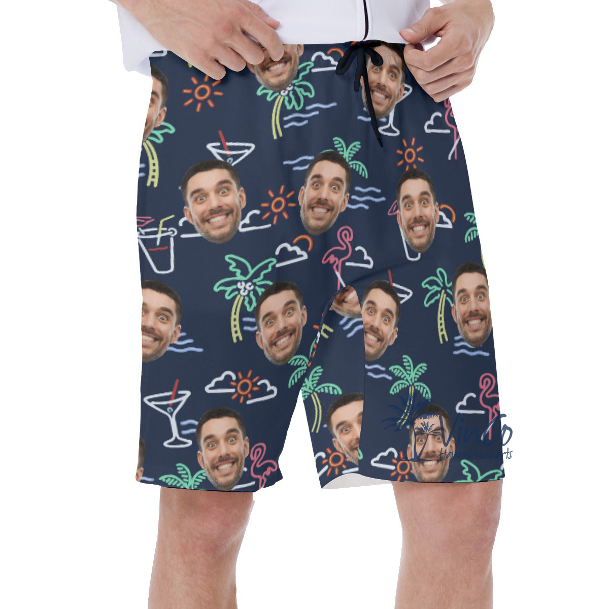 Beach Flamingo Navy Custom Face Hawaiian Shorts For Men