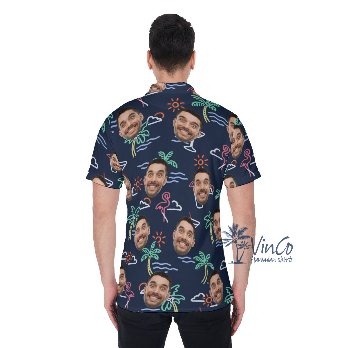 Beach Flamingo Personalized Hawaiian Polo Shirt With Face