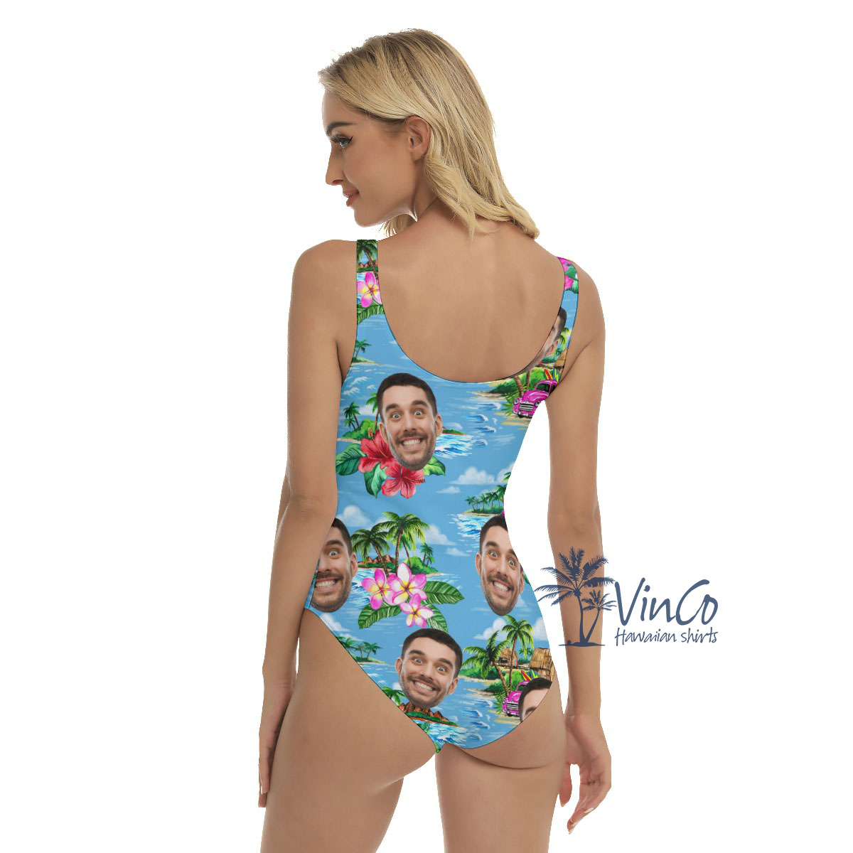Vintage Beach Blue Custom One Piece Swimsuit With Face