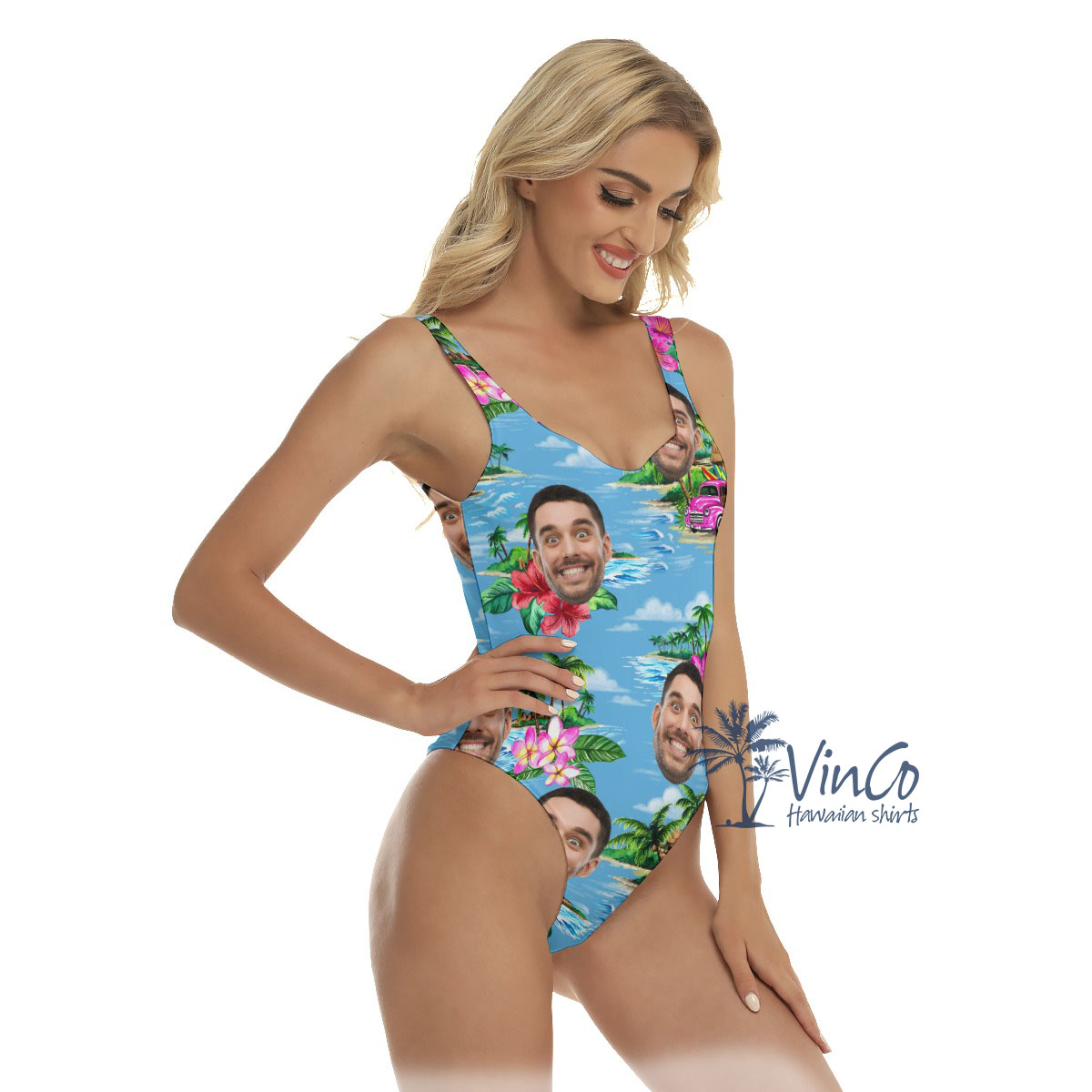 Vintage Beach Blue Custom One Piece Swimsuit With Face